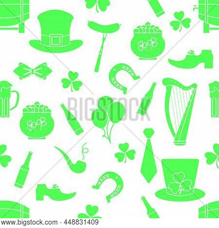 Irish Vector Seamless Pattern Happy St. Patrick's Day Illustration Ireland Shamrock Horseshoe Smokin