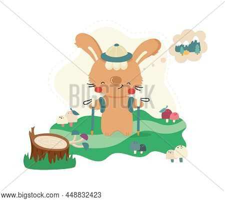 Cute Cartoon Rabbit Traveler Hiking In The Woods. Funny Animal Character For Kids Design. Flat Vecto