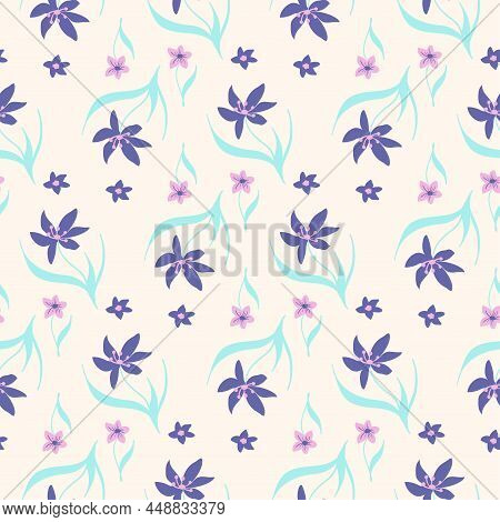 Very Peri Flower Pattern. Flowers In Very Peri And Pink Color. Summer Seamless Background. Hand Draw