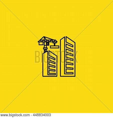 Vector Linear Icon With Skyscrapers And A Crane On A Yellow Background. Construction And Design Of O