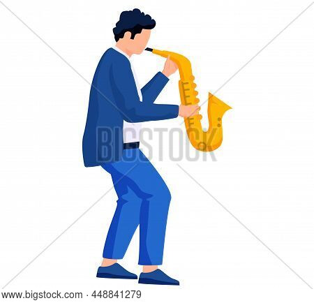 Saxophone Player With Sax Stands On White Background Plays Melody. Saxophonist Playing On Blowing Mu