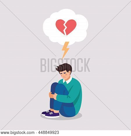 Brokenhearted Boy Suffers By Symptoms Of Depressive Disorder. Vector Illustration About Mental Probl