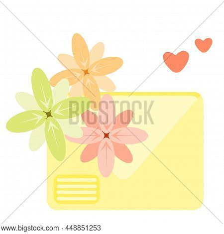 Yellow Envelope With Flowers And Hearts. Valentine's Day Card.