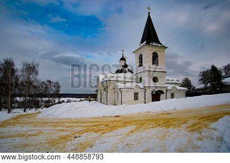 country winter landscape with the image of a church in Tarusa, Russia