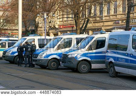 Magdeburg, Germany - January 08, 2022: Police Security Forces During Protests By Opponents Of The Co