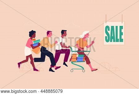 People Shop Online. Characters Running Towards Discount. Unique And Advantageous Offer For Clients. 