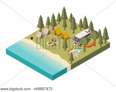 Camp Near Lake With Van Tents And Bonfire Umbrella Table And Chairs Picnic Baskets   Isometric Vecto