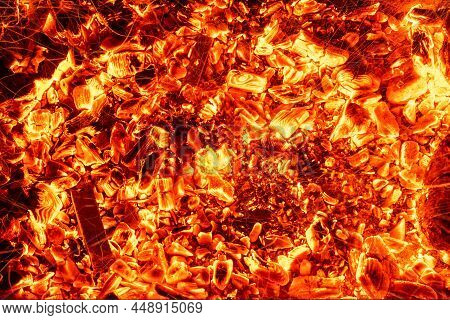 Top Above Overhead Detail View Od Abstract Hot Red Burning Wooden Coal Background In Bbq Grill Brazi