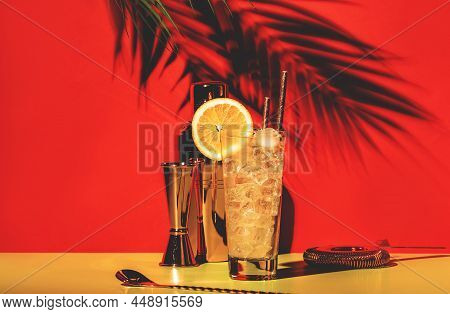 Tom Collins Alcoholic Cocktail With Dry Gin, Syrup, Lemon Juice, Soda, Orange And Ice. Defiant Red G