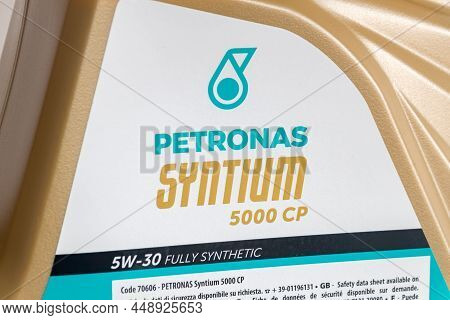 Pruszcz Gdanski, Poland - February 9, 2022: Logo And Sign Of Petronas. Detail Of Bottle Of Car Engin