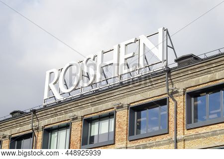 Confectionery Chocolate Factory Roshen In Kiev. Emblem Of The Roshen Company. Business Owned By Form