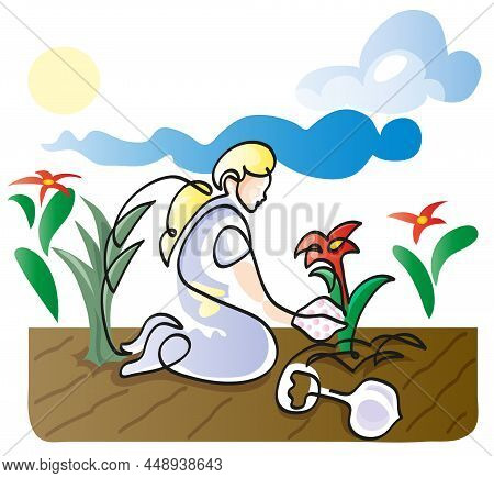 One Line Drawing Of Sitting Pretty Blond Woman Gardener.
One Continuous Line Drawing Of Woman Enjoyi