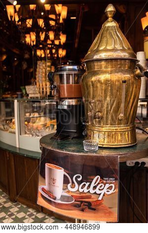 Istanbul, Turkey â Nov 21, 2021: Turkish traditional winter beverage Salep (Sahlep or sahlab) urn for sale