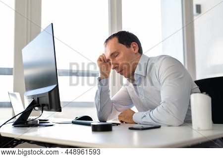 Bored Boss Man Sleeping. Restful Tired Employee