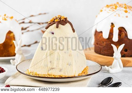 Traditional Cottage Cheese Easter Paskha And Eggs On White Table. Russian Paskha. Easter Dessert. Ea