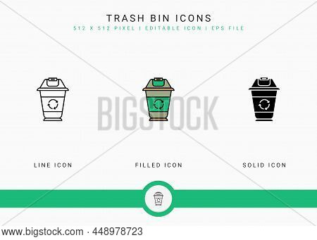 Trash Bin Icons Set Vector Illustration With Solid Icon Line Style. Recycle Garbage Basket Concept. 