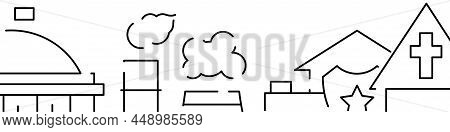 Cityscape Buildings Related Horizontal Banner Or Bottom Border Template Background. Flat Line Vector