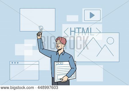 Computer Programming And Html Concept. Young Man Web Designer Computer Programmer Standing And Point