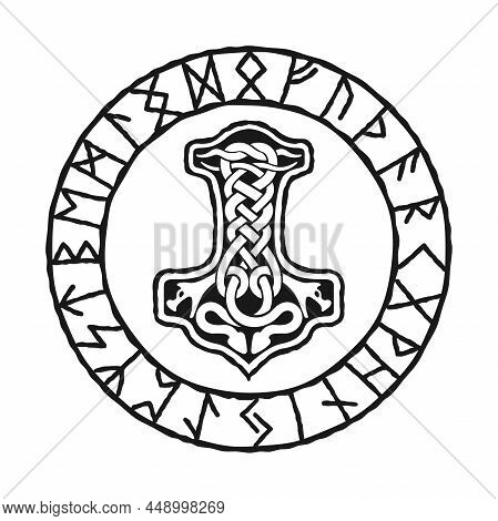 Mjolnir - Thors Hammer, Drawing In Celtic Knot Design, And Norse Runes Circle, Isolated On White, Ve