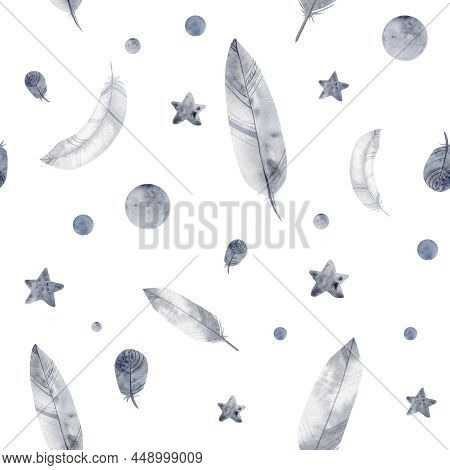 Watercolor Feather Feath Fluffy Abstract Pattern Indigo.