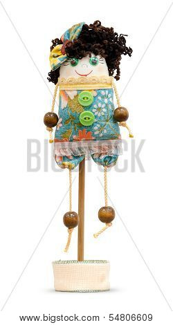 Handmade Doll Soft Toy Isolated Funny Girl On The Stand