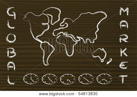 World Map And Time Zone Clocks, Business Going Global