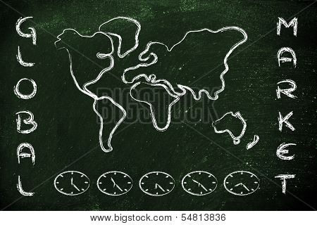 World Map And Time Zone Clocks, Business Going Global