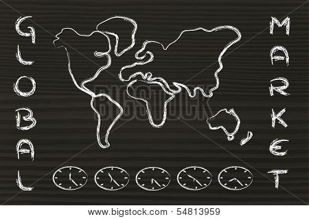 World Map And Time Zone Clocks, Business Going Global