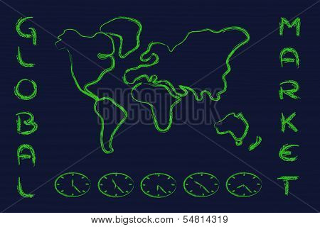 World Map And Time Zone Clocks, Business Going Global