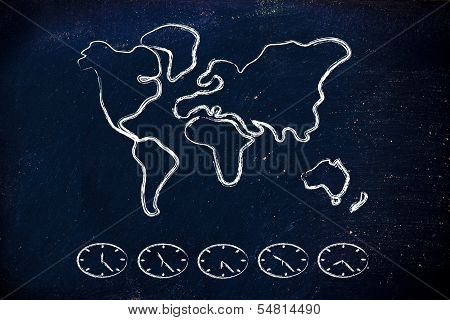 World Map And Time Zone Clocks, Business Going Global