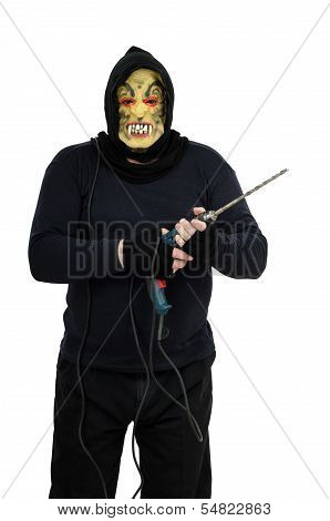 Maniac In A Mask Threatens With Big Drill