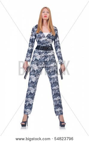 Woman soldier isolated on white