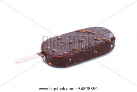 Chocolate-coated blocks of ice cream on stick.