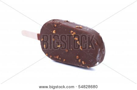 Chocolate-coated blocks of ice cream on stick.