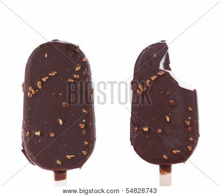 Bitten and safe chocolate-coated ice cream.
