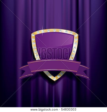 golden purple shield with diamonds and blank banner
