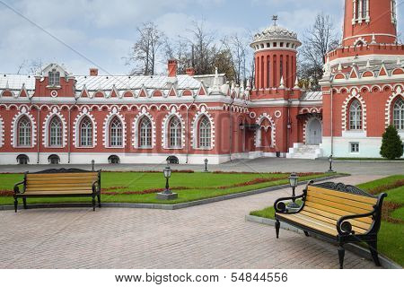 Benches in a park area of the Petroff Palace in Moscow. Palace was built in the 18th century