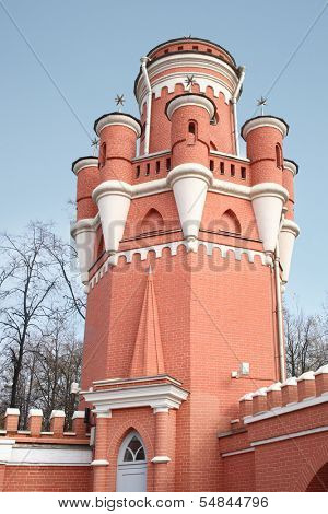 The tower of red brick the Petroff Palace in Moscow. It was built in the 18th century