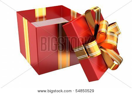 Open red gift with golden ribbons