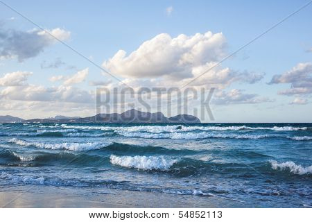 Waves on beach of Can Picafort, Mallorca, Balearic Islands, Spain