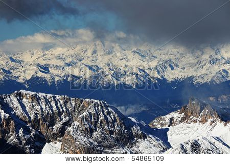 Winter alpine landscape in the Dolomites, Sella Group, Italy, Europe