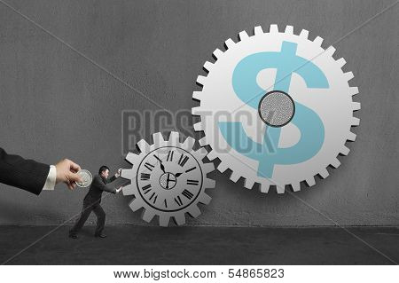 Businessman Rolling Large Concrete Gears Another Hold Coin