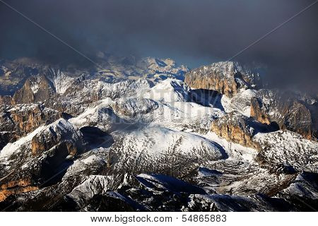 Winter alpine landscape in the Dolomites, Sella Group, Italy, Europe