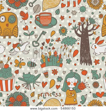 Gentle fairytale seamless pattern with little princess, horse, magic tree, castle, frog, key, cake. Sweet vector background can be used in birthday design, children bedroom.