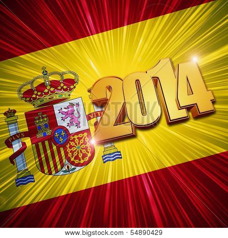 New Year 2014 Golden Figures Over Shining Spanish Flag