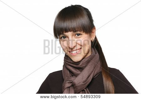 Smiling brunette female in scarf
