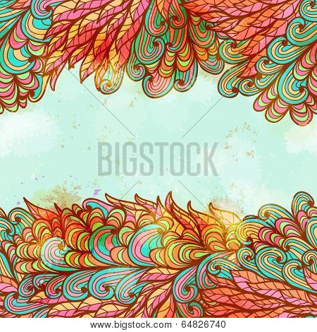 Hand Drawn Seamless Blue And Pink Invitation Card Design With Brignt Flowers. Eps10