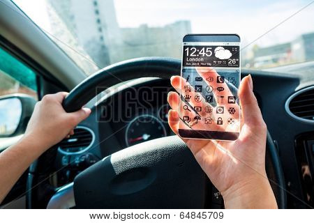 Futuristic Smart phone (phablet) with a transparent display in human hands. Concept actual future innovative ideas and best technologies humanity.