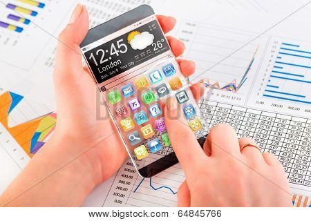 Futuristic Smart phone (phablet) with a transparent display in human hands. Concept actual future innovative ideas and best technologies humanity.