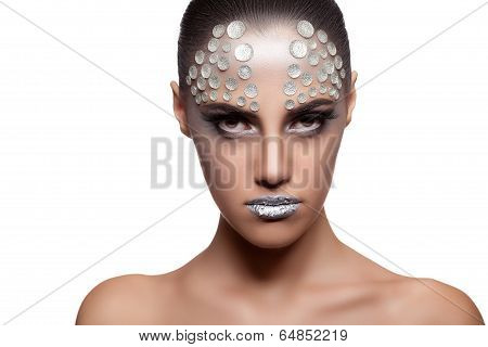 Beautiful Brunette Model With Rhinestone Fashion Make Up